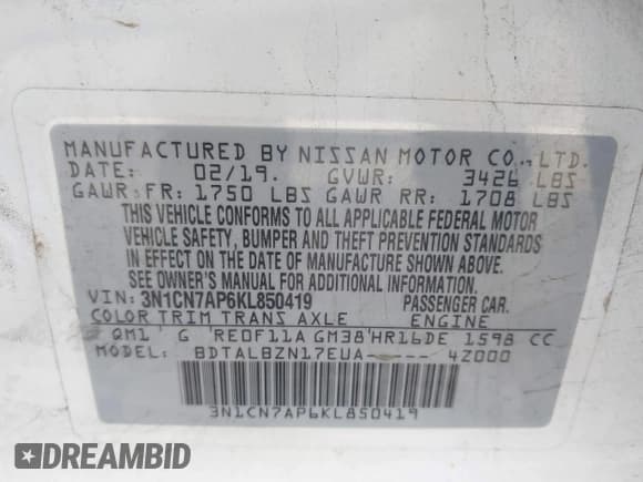 ✅ 2019 Nissan Versa SV • VIN: 3N1CN7AP6KL850419 • Lot: 43449759. Listed on IAAI with 103,511 mi. Free auction sales archive from the USA and detailed vehicle history report at DreamBid. Image 9.