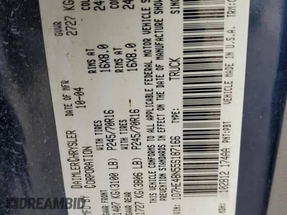 2005 Dodge Dakota SLT с VIN 1D7HE48N55S187166, выставлен на аукционе Copart как лот 59191165 с пробегом Не указан миль и Списание • Salvage title. История ставок и продаж доступна на DreamBid. Изображение 12.