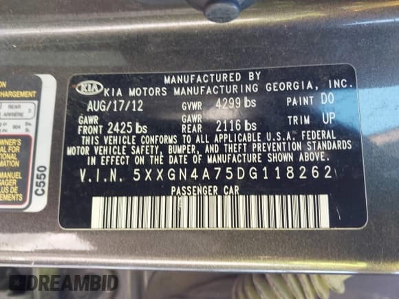 ✅ 2013 Kia Optima EX • VIN: 5XXGN4A75DG118262 • Lot: 43503806. Listed on IAAI with 193,447 mi. Free auction sales archive from the USA and detailed vehicle history report at DreamBid. Image 9.