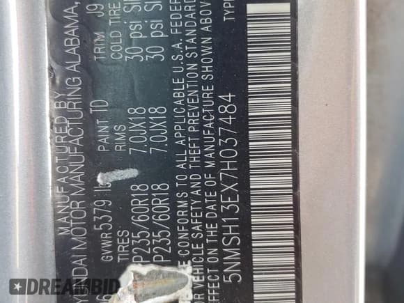 ✅ 2007 Hyundai Santa Fe SE • VIN: 5NMSH13EX7H037484 • Lot: 82541545. Listed on Copart with 125,557 mi. Free auction sales archive from the USA and detailed vehicle history report at DreamBid. Image 13.