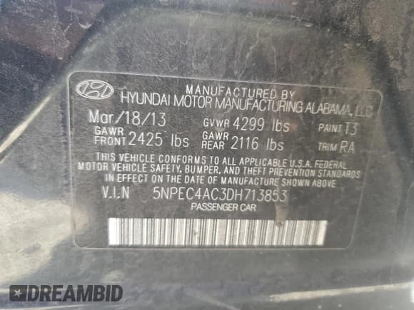 ✅ 2013 Hyundai Sonata SE • VIN: 5NPEC4AC3DH713853 • Lot: 90579445. Listed on Copart with 224,488 mi. Free auction sales archive from the USA and detailed vehicle history report at DreamBid. Image 12.