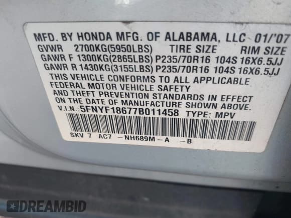 ✅ 2007 Honda Pilot EX-L • VIN: 5FNYF18677B011458 • Лот: 42863420. Опубликован ранее на IAAI с пробегом 244 812 миль. Бесплатный доступ к архиву аукционных продаж из США и подробный отчёт об истории автомобиля на DreamBid. Изображение 9.