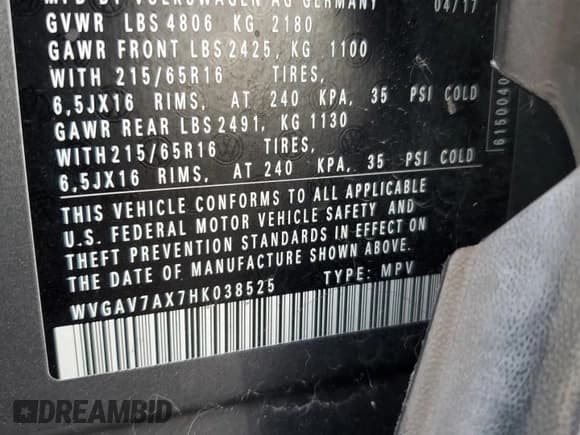 ✅ 2017 Volkswagen Tiguan S • VIN: WVGAV7AX7HK038525 • Lot: 90894585. Listed on Copart with 51,965 mi. Free auction sales archive from the USA and detailed vehicle history report at DreamBid. Image 14.