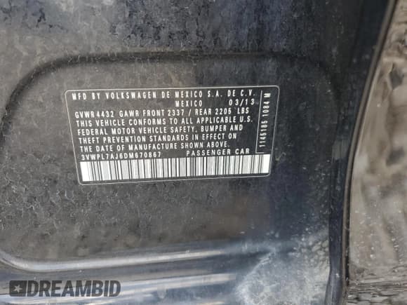 ✅ 2013 Volkswagen Jetta TDI w/Sunroof & Nav • VIN: 3VWPL7AJ6DM670867 • Lot: 65471785. Listed on Copart with 155,971 mi. Free auction sales archive from the USA and detailed vehicle history report at DreamBid. Image 13.