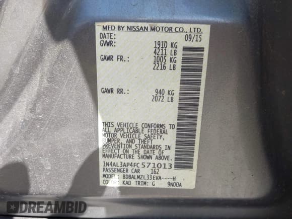 ✅ 2015 Nissan Altima SV • VIN: 1N4AL3AP4FC571013 • Лот: 43223760. Опубликован ранее на IAAI с пробегом 192 535 миль. Бесплатный доступ к архиву аукционных продаж из США и подробный отчёт об истории автомобиля на DreamBid. Изображение 9.