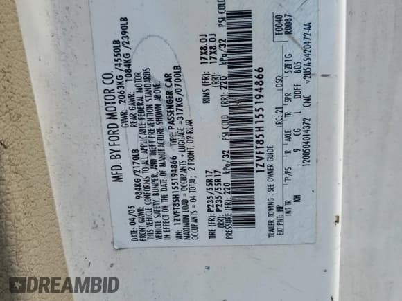 ✅ 2005 Ford Mustang GT Deluxe • VIN: 1ZVFT85H155194866 • Lot: 87469225. Listed on Copart with 179,049 mi. Free auction sales archive from the USA and detailed vehicle history report at DreamBid. Image 12.