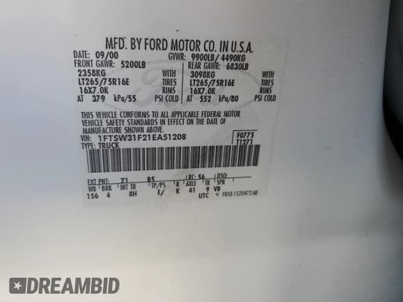 ✅ 2001 Ford F-350 XL • VIN: 1FTSW31F21EA51208 • Лот: 91485305. Опубликован ранее на Copart с пробегом 172 973 миль. Бесплатный доступ к архиву аукционных продаж из США и подробный отчёт об истории автомобиля на DreamBid. Изображение 12.