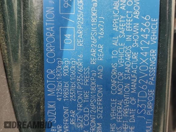 ✅ 1999 Suzuki Grand Vitara JLX • VIN: JS3TD62V0X4124366 • Лот: 50885055. Опубликован ранее на Copart с пробегом 204 168 миль. Бесплатный доступ к архиву аукционных продаж из США и подробный отчёт об истории автомобиля на DreamBid. Изображение 12.