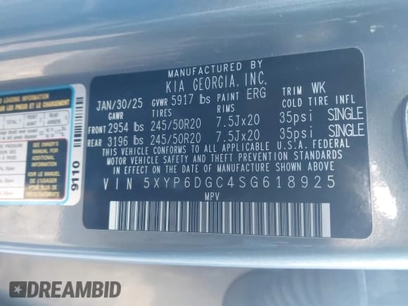 ✅ 2025 Kia Telluride S • VIN: 5XYP6DGC4SG618925 • Lot: 43739288. Listed on IAAI with 20,891 mi. Free auction sales archive from the USA and detailed vehicle history report at DreamBid. Image 9.