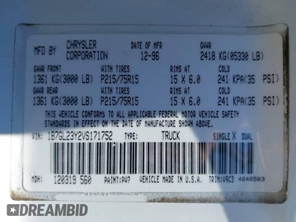 1997 Dodge Dakota z VIN 1B7GL23Y2VS171752, wystawiony jako IAAI lot #42507977 z przebiegiem 151 691 mil mil oraz . Historia ofert i sprzedaży dostępna na DreamBid. Obrazek 9.