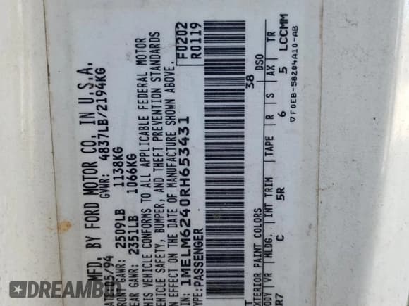 ✅ 1994 Mercury Cougar XR7 • VIN: 1MELM6240RH653431 • Lot: 73202133. Listed on Copart with 114,994 mi. Free auction sales archive from the USA and detailed vehicle history report at DreamBid. Image 12.