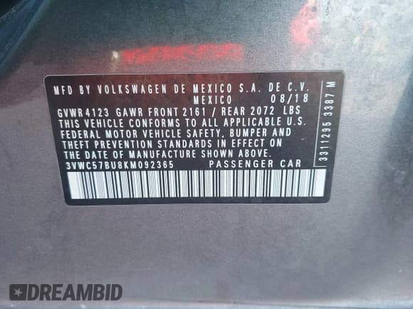 ✅ 2019 Volkswagen Jetta S • VIN: 3VWC57BU8KM092365 • Lot: 43576870. Listed on IAAI with 86,892 mi. Free auction sales archive from the USA and detailed vehicle history report at DreamBid. Image 9.