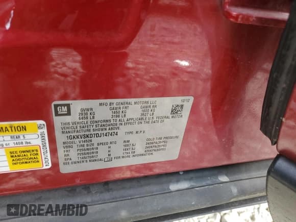 ✅ 2013 GMC Acadia SLT • VIN: 1GKKVSKD7DJ147474 • Lot: 90254945. Listed on Copart with 196,236 mi. Free auction sales archive from the USA and detailed vehicle history report at DreamBid. Image 13.