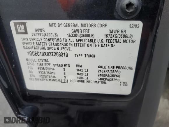 ✅ 2003 Chevrolet Silverado 1500 LS • VIN: 1GCEC19X03Z268310 • Lot: 91905875. Listed on Copart with 227,128 mi. Free auction sales archive from the USA and detailed vehicle history report at DreamBid. Image 12.