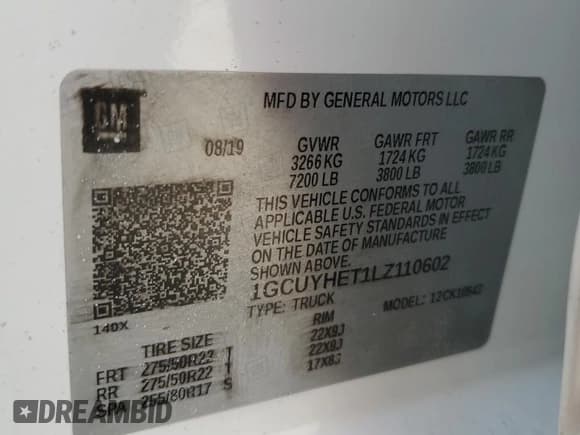 ✅ 2020 Chevrolet Silverado 1500 High Country • VIN: 1GCUYHET1LZ110602 • Lot: 91974715. Listed on Copart with 165,110 mi. Free auction sales archive from the USA and detailed vehicle history report at DreamBid. Image 13.