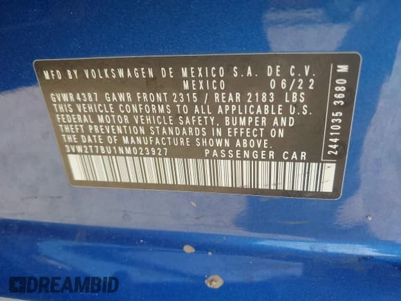 ✅ 2022 Volkswagen Jetta Autobahn • VIN: 3VW2T7BU1NM023927 • Lot: 42104915. Listed on IAAI with 17,016 mi. Free auction sales archive from the USA and detailed vehicle history report at DreamBid. Image 9.