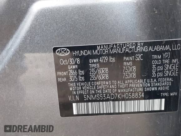 2019 Hyundai Santa Fe Ultimate z VIN 5NMS53AD7KH058834, wystawiony jako IAAI lot #43031337 z przebiegiem 97 145 mil mil oraz . Historia ofert i sprzedaży dostępna na DreamBid. Obrazek 9.