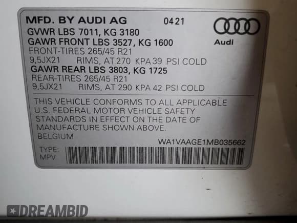 ✅ 2021 Audi e-tron Prestige • VIN: WA1VAAGE1MB035662 • Lot: 64105035. Listed on Copart with 52,583 mi. Free auction sales archive from the USA and detailed vehicle history report at DreamBid. Image 13.