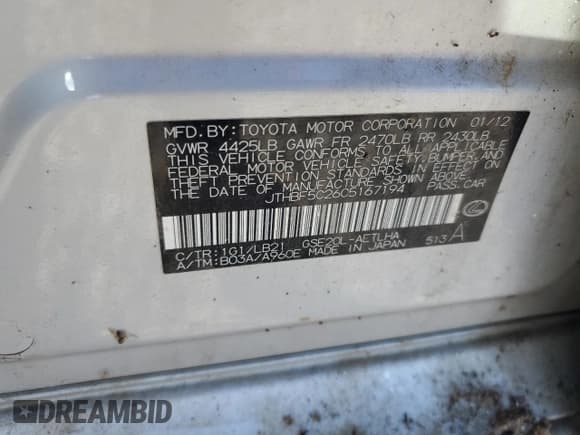 ✅ 2012 Lexus IS 250 • VIN: JTHBF5C26C5167194 • Lot: 86989095. Listed on Copart with 209,445 mi. Free auction sales archive from the USA and detailed vehicle history report at DreamBid. Image 12.