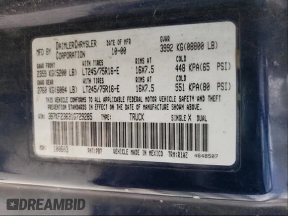 ✅ 2001 Dodge 2500 • VIN: 3B7KF23631G729285 • Lot: 47679161. Listed on Copart with 290,126 mi. Free auction sales archive from the USA and detailed vehicle history report at DreamBid. Image 10.