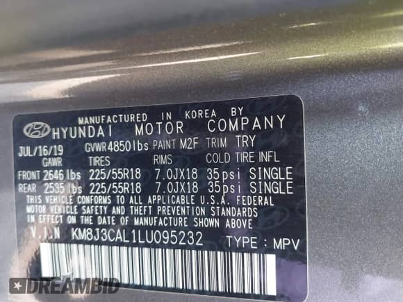 2020 Hyundai Tucson SEL z VIN KM8J3CAL1LU095232, wystawiony jako IAAI lot #42839790 z przebiegiem 90 834 mil mil oraz . Historia ofert i sprzedaży dostępna na DreamBid. Obrazek 9.