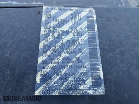 ✅ 2008 Nissan Titan XE • VIN: 1N6AA06E18N302686 • Lot: 40651908. Listed on IAAI with Not provided. Free auction sales archive from the USA and detailed vehicle history report at DreamBid. Image 13.