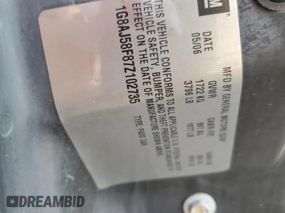 ✅ 2007 Saturn ION ION 2 • VIN: 1G8AJ58F87Z102735 • Lot: 82490155. Listed on Copart with 76,637 mi. Free auction sales archive from the USA and detailed vehicle history report at DreamBid. Image 13.