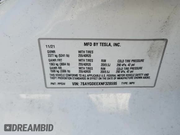 ✅ 2022 Tesla Model Y Long Range • VIN: 7SAYGDEEXNF328595 • Lot: 91732035. Listed on Copart with 41,690 mi. Free auction sales archive from the USA and detailed vehicle history report at DreamBid. Image 12.