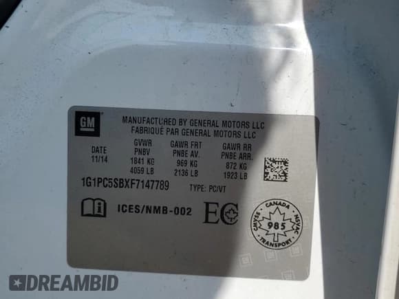 ✅ 2015 Chevrolet Cruze LT • VIN: 1G1PC5SBXF7147789 • Lot: 71323145. Listed on Copart with 220,259 mi. Free auction sales archive from the USA and detailed vehicle history report at DreamBid. Image 12.