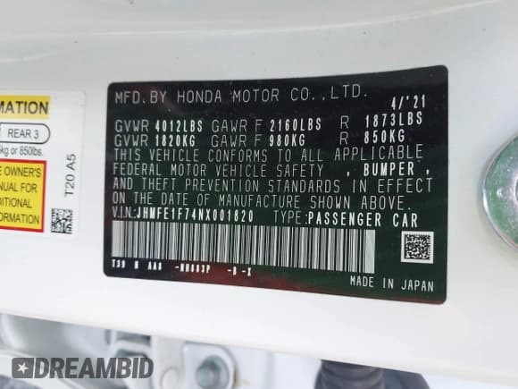 ✅ 2022 Honda Civic EX • VIN: JHMFE1F74NX001820 • Lot: 43518416. Listed on IAAI with 34,873 mi. Free auction sales archive from the USA and detailed vehicle history report at DreamBid. Image 9.