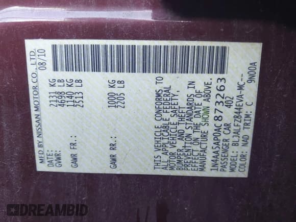 ✅ 2010 Nissan Maxima S • VIN: 1N4AA5AP0AC873263 • Лот: 43670281. Опубликован ранее на IAAI с пробегом 155 215 миль. Бесплатный доступ к архиву аукционных продаж из США и подробный отчёт об истории автомобиля на DreamBid. Изображение 9.