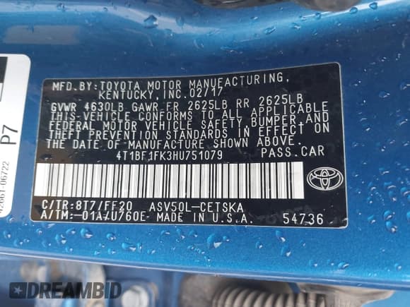 ✅ 2017 Toyota Camry SE • VIN: 4T1BF1FK3HU751079 • Lot: 43723323. Listed on IAAI with 143,459 mi. Free auction sales archive from the USA and detailed vehicle history report at DreamBid. Image 9.