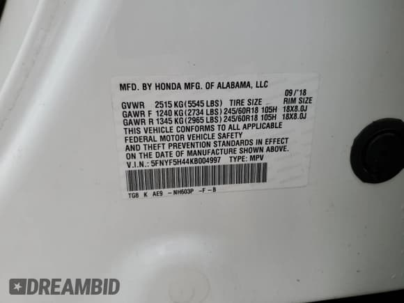 ✅ 2019 Honda Pilot EX-L • VIN: 5FNYF5H44KB004997 • Lot: 53837185. Listed on Copart with Not provided. Free auction sales archive from the USA and detailed vehicle history report at DreamBid. Image 14.