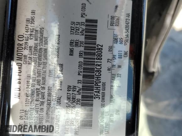 ✅ 2012 Ford Fusion SE • VIN: 3FAHP0HG8CR188082 • Lot: 86168675. Wystawiony na Copart z przebiegiem 162 893 mil. Bezpłatny archiwum sprzedaży aukcyjnych z USA i szczegółowy raport historii pojazdu na DreamBid. Zdjęcie 12.