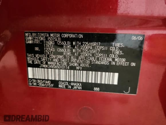 ✅ 2006 Toyota RAV4 Limited • VIN: JTMBK34V065010114 • Lot: 68910845. Listed on Copart with Not provided. Free auction sales archive from the USA and detailed vehicle history report at DreamBid. Image 13.