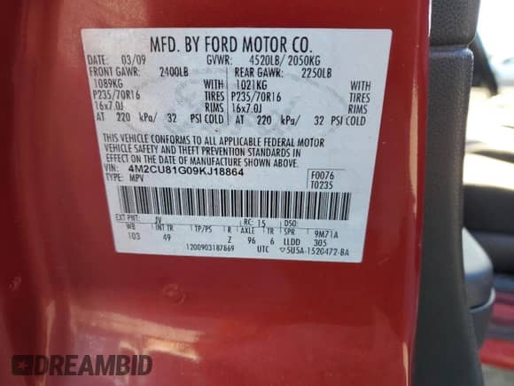 2009 Mercury Mariner with VIN 4M2CU81G09KJ18864, listed as a Copart auction lot 45577125 with Not provided miles and Salvage title. Bid and sale history available at DreamBid. Image 14.