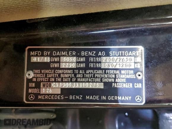 ✅ 1988 Mercedes-Benz 560 • VIN: WDBCA39D0JA410275 • Lot: 95963565. Listed on Copart with 50,161 mi. Free auction sales archive from the USA and detailed vehicle history report at DreamBid. Image 12.