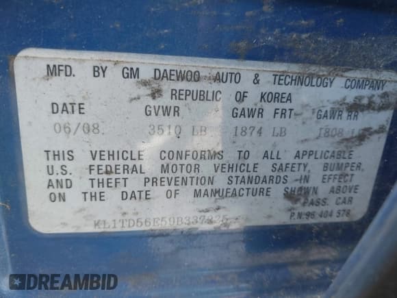 ✅ 2009 Chevrolet Aveo 1LT • VIN: KL1TD56E59B337225 • Lot: 42740224. Listed on IAAI with 230,135 mi. Free auction sales archive from the USA and detailed vehicle history report at DreamBid. Image 9.