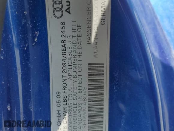 ✅ 2010 Audi R8 5.2L • VIN: WUAANAFG1AN000323 • Lot: 64743294. Listed on Copart with Not provided. Free auction sales archive from the USA and detailed vehicle history report at DreamBid. Image 13.