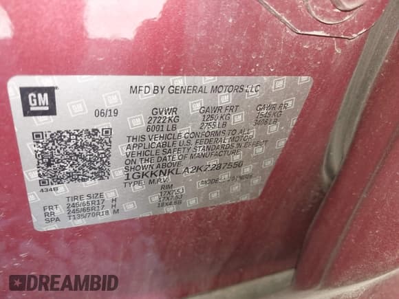 ✅ 2019 GMC Acadia SLE • VIN: 1GKKNKLA2KZ287550 • Lot: 43506331. Listed on IAAI with 104,206 mi. Free auction sales archive from the USA and detailed vehicle history report at DreamBid. Image 9.