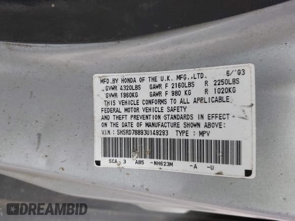 ✅ 2003 Honda CR-V EX • VIN: SHSRD78893U149293 • Lot: 43307830. Listed on IAAI with 269,927 mi. Free auction sales archive from the USA and detailed vehicle history report at DreamBid. Image 9.