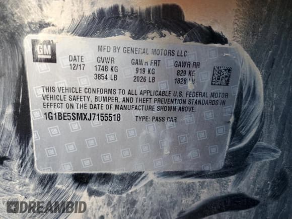 ✅ 2018 Chevrolet Cruze LT • VIN: 1G1BE5SMXJ7155518 • Lot: 72233972. Listed on Copart with 71,696 mi. Free auction sales archive from the USA and detailed vehicle history report at DreamBid. Image 12.