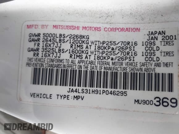 ✅ 2001 Mitsubishi Montero Sport XLS • VIN: JA4LS31H91P046295 • Лот: 41475251. Опубликован ранее на IAAI с пробегом 247 739 миль. Бесплатный доступ к архиву аукционных продаж из США и подробный отчёт об истории автомобиля на DreamBid. Изображение 9.