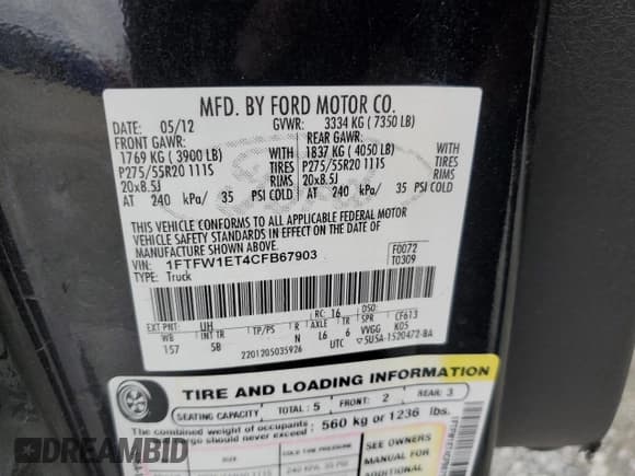 ✅ 2012 Ford F-150 FX4 • VIN: 1FTFW1ET4CFB67903 • Lot: 90687925. Wystawiony na Copart z przebiegiem 161 366 mil. Bezpłatny archiwum sprzedaży aukcyjnych z USA i szczegółowy raport historii pojazdu na DreamBid. Zdjęcie 12.