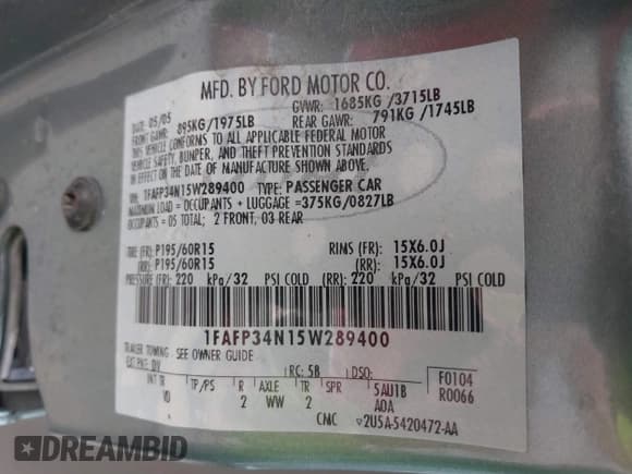 ✅ 2005 Ford Focus S • VIN: 1FAFP34N15W289400 • Лот: 42854598. Опубликован ранее на IAAI с пробегом 229 767 миль. Бесплатный доступ к архиву аукционных продаж из США и подробный отчёт об истории автомобиля на DreamBid. Изображение 9.