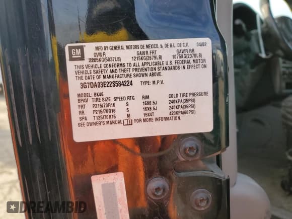 ✅ 2002 Pontiac Aztek • VIN: 3G7DA03E22S584224 • Lot: 87851655. Listed on Copart with 218,653 mi. Free auction sales archive from the USA and detailed vehicle history report at DreamBid. Image 13.