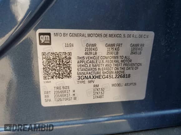 2025 Chevrolet Equinox FWD LT с VIN 3GNAXHEG4SL226818, выставлен на аукционе Copart как лот 62033895 с пробегом 9 920 миль миль и Чистый • Clean title. История ставок и продаж доступна на DreamBid. Изображение 14.