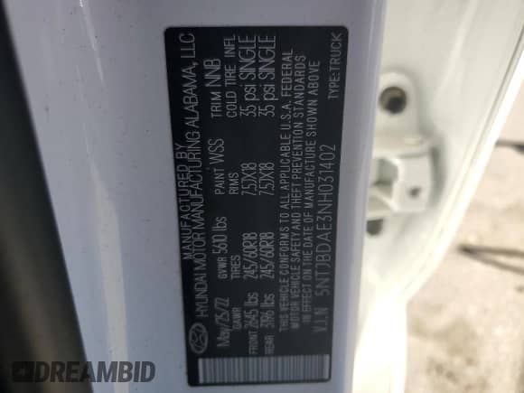 2022 Hyundai Santa Cruz SEL z VIN 5NTJBDAE3NH031402, wystawiony jako Copart lot #81236024 z przebiegiem 48 156 mil mil oraz Szkoda całkowita • Salvage title. Historia ofert i sprzedaży dostępna na DreamBid. Obrazek 14.