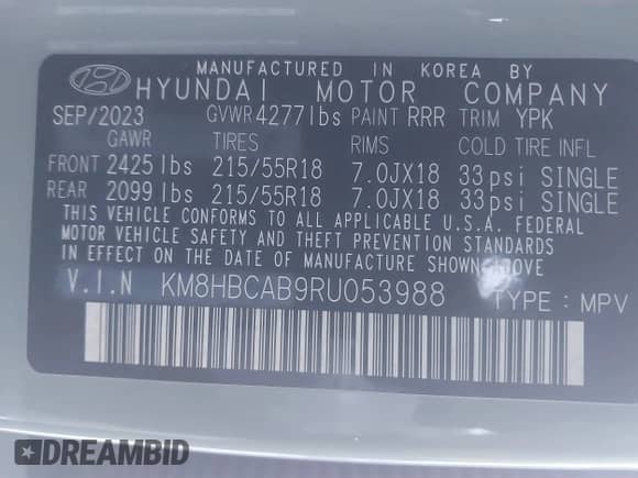 2024 Hyundai Kona SEL with VIN KM8HBCAB9RU053988, listed as a IAAI auction lot 41257182 with 11,460 mi miles and . Bid and sale history available at DreamBid. Image 9.