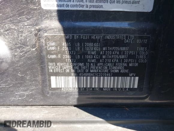 ✅ 2012 Subaru Outback 2.5i • VIN: 4S4BRBAC1C3270467 • Lot: 43397929. Wystawiony na IAAI z przebiegiem 153 844 mil. Bezpłatny archiwum sprzedaży aukcyjnych z USA i szczegółowy raport historii pojazdu na DreamBid. Zdjęcie 9.